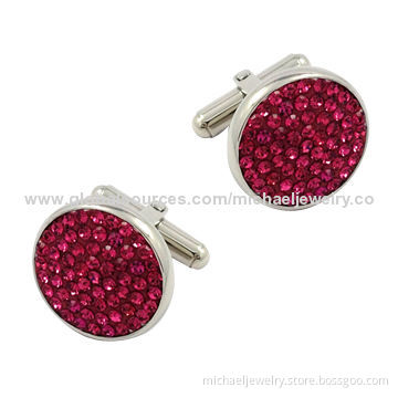 Stainless Steel Cufflinks with Rose Red Crystal PP Stones, Fashion, Side Bulge